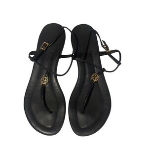 Tory Burch Emmy Black Leather Thong Sandals Gold Logo T-Strap Flat Sandals 8.5